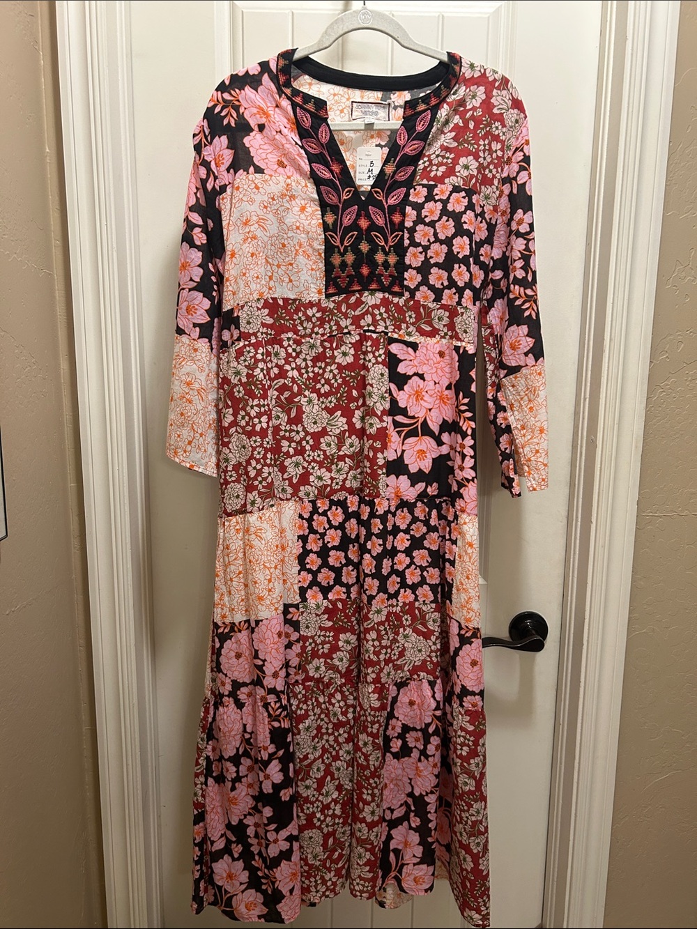 Johnny Was Patchwork Floral Maxi Dress in Pink & Black & Burgundy